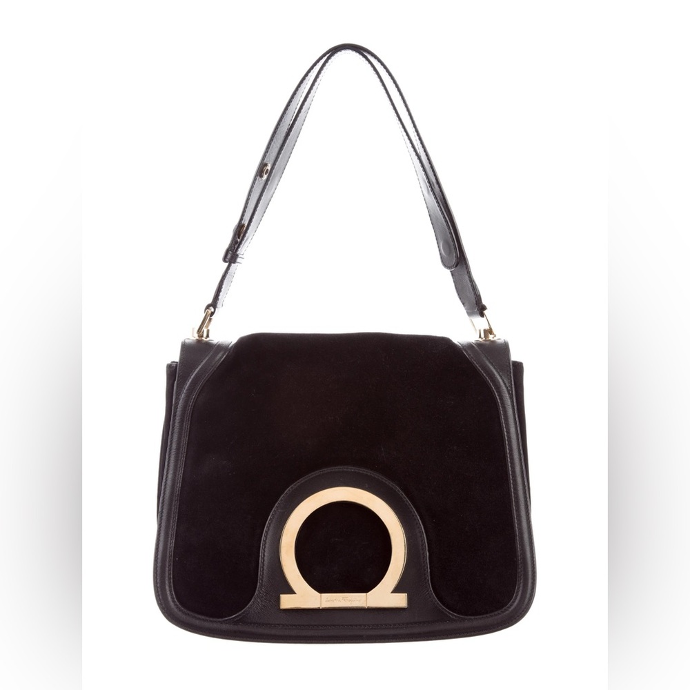 FERRAGAMO: Vintage Black suede Ferragamo shoulder bag. Slightly worn